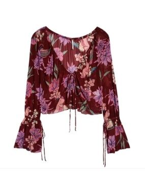 NWT Women’s Free People Of Paradise floral bell sleeve crop top burgundy Sz Smal